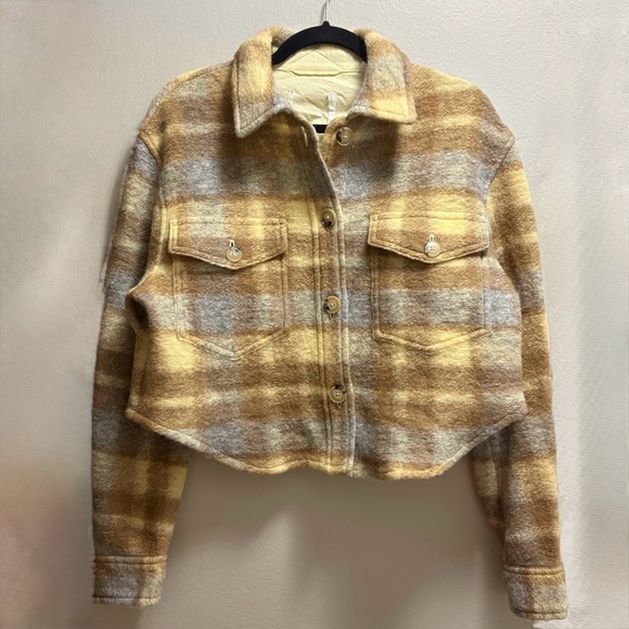 Wilfred Free Ganna Cropped Jacket Aritzia Plaid Wool Shacket Beige Camel Small - Picture 2 of 13